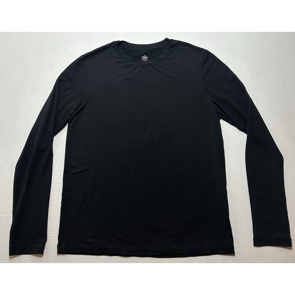 Alo Shirt Mens Medium Black Long Sleeve Tagless Jersey Yoga Top Performance EUC